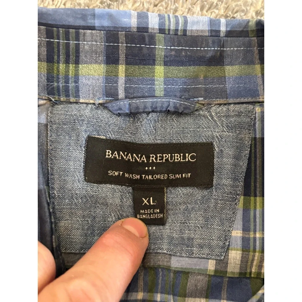 Banana Republic Shirt Mens XL Blue Green Plaid Soft Wash Tailored Slim Fit